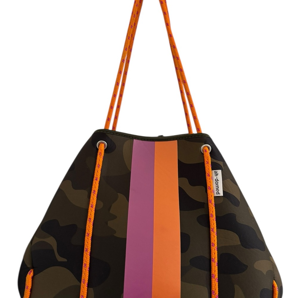 Camouflage Tote Bag with Orange and Pink Stripes
